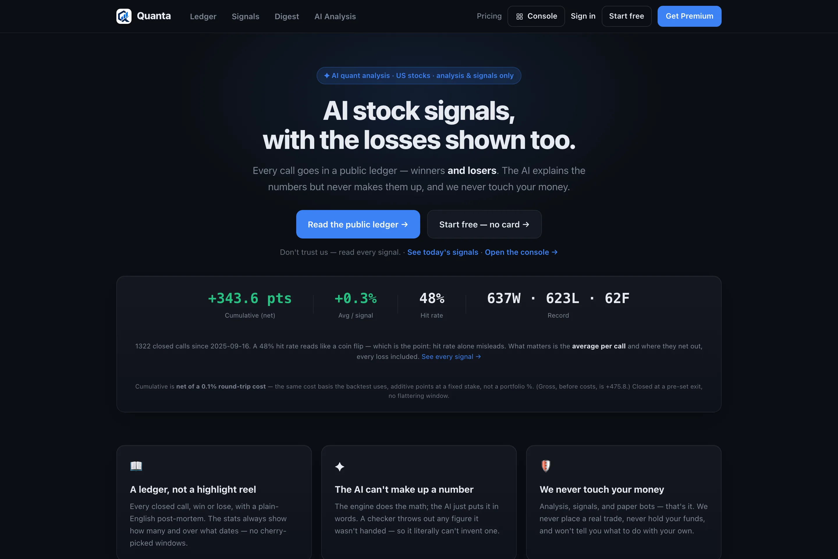 Quanta — honest AI stock signal ledger dashboard